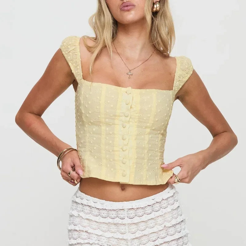 Fairycore Lace Crop Top for Women – Slim Fit Sleeveless Vest with Button Front