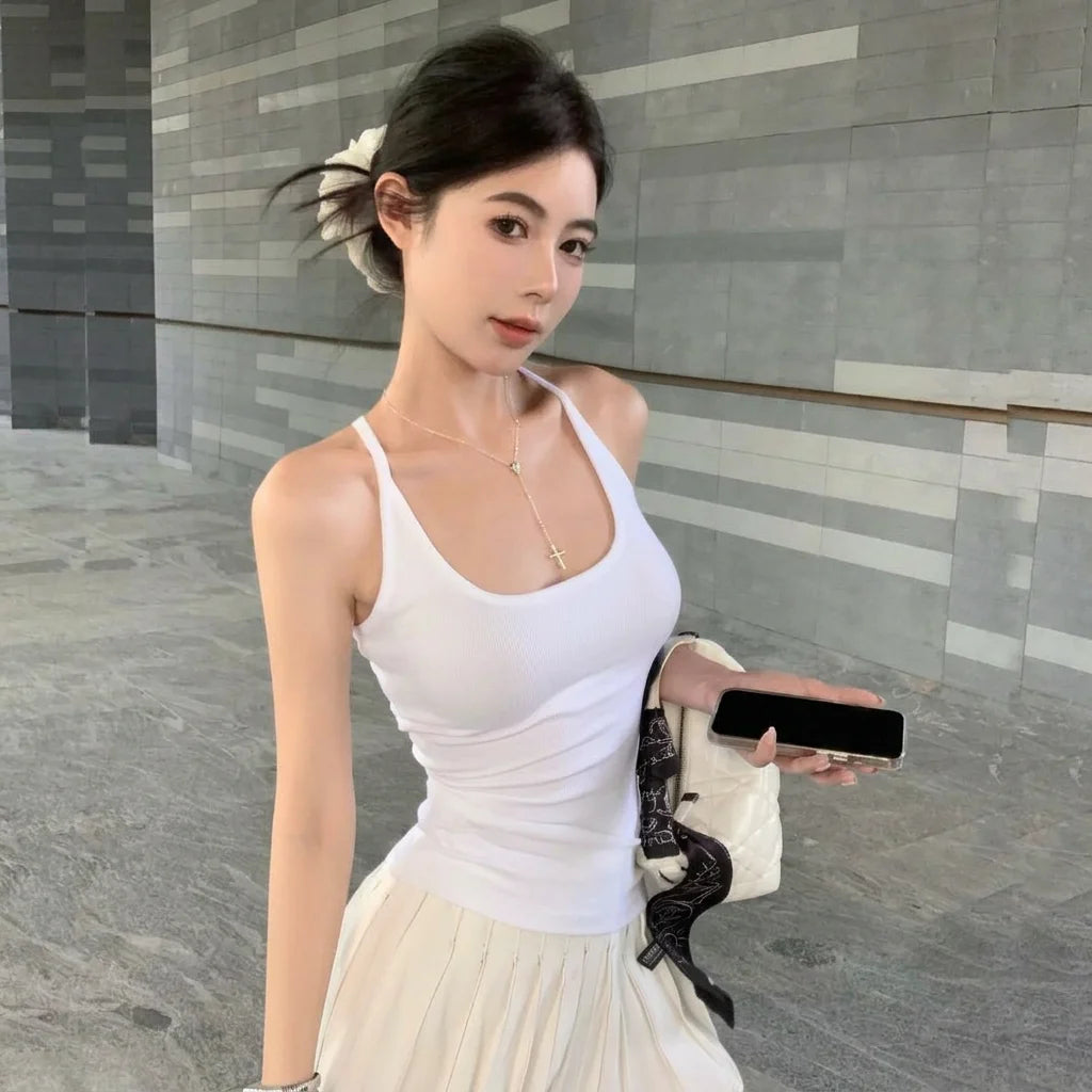 Women’s Backless Cotton Tank Top with Fixed Chest Pads – Slim Fit Summer Cami