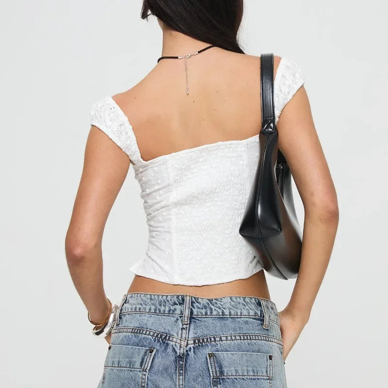 Fairycore Lace Crop Top for Women – Slim Fit Sleeveless Vest with Button Front