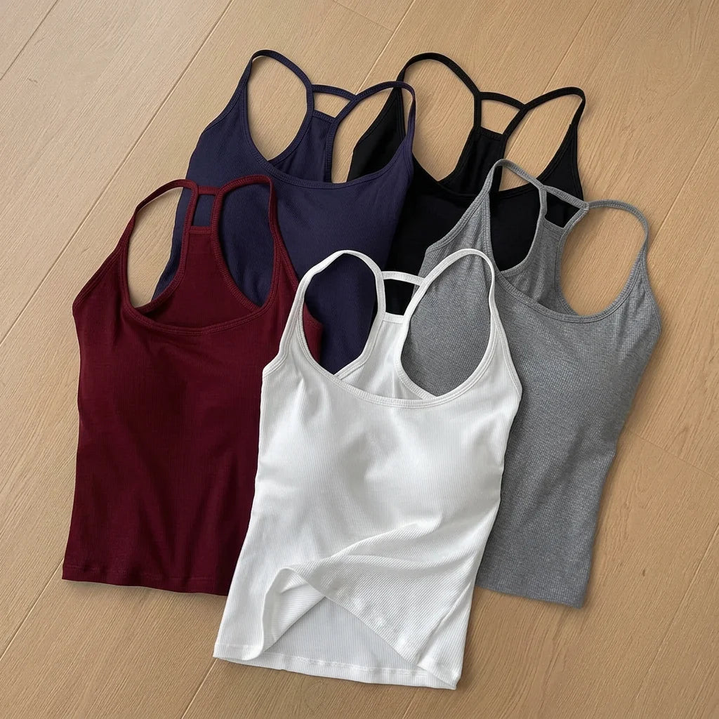 Women’s Backless Cotton Tank Top with Fixed Chest Pads – Slim Fit Summer Cami
