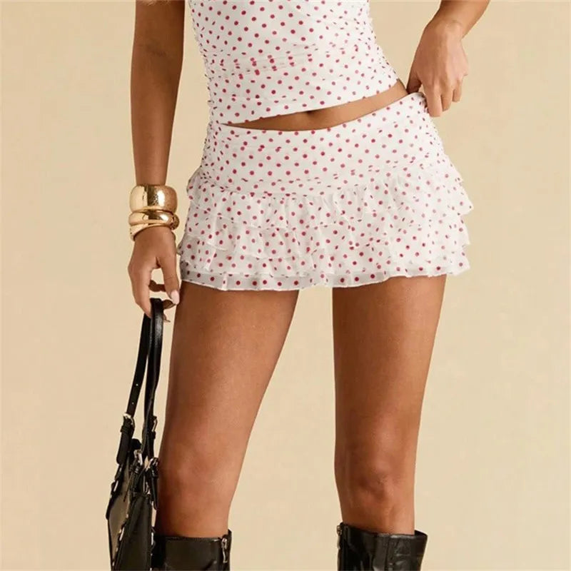 Y2K Polka Dot Mini Skirt for Women – Low Rise Layered Ruffle Pleated A-Line Short Skirt