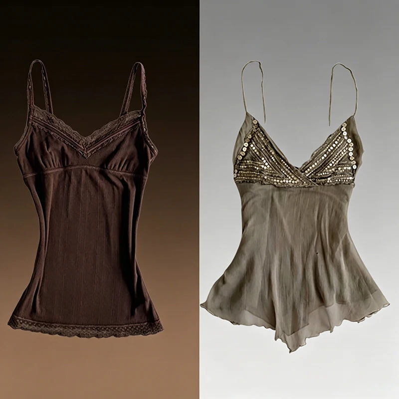 Women Y2K Vintage V Neck Cami Top Lace Sequins Spaghetti Strap Slim Flowy Chiffon Retro Coquette Casual Summer Tank Top