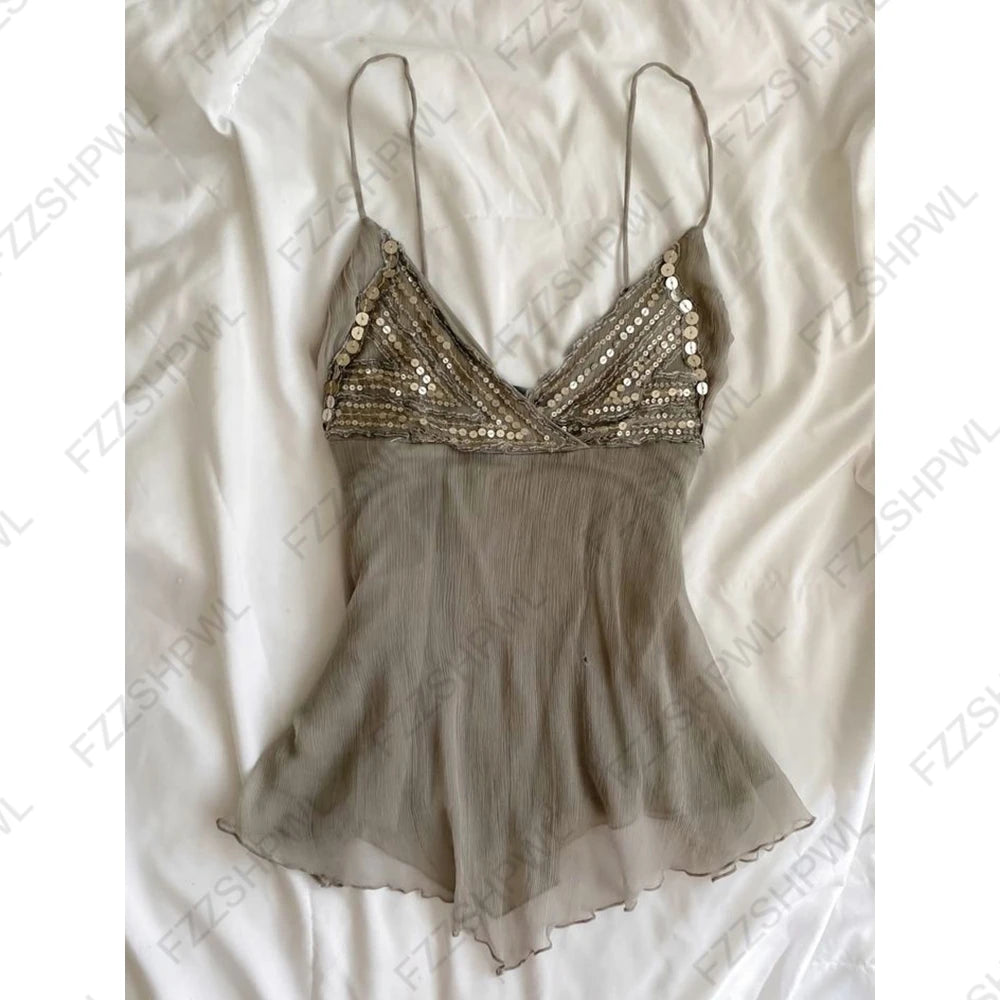 Women Y2K Vintage V Neck Cami Top Lace Sequins Spaghetti Strap Slim Flowy Chiffon Retro Coquette Casual Summer Tank Top