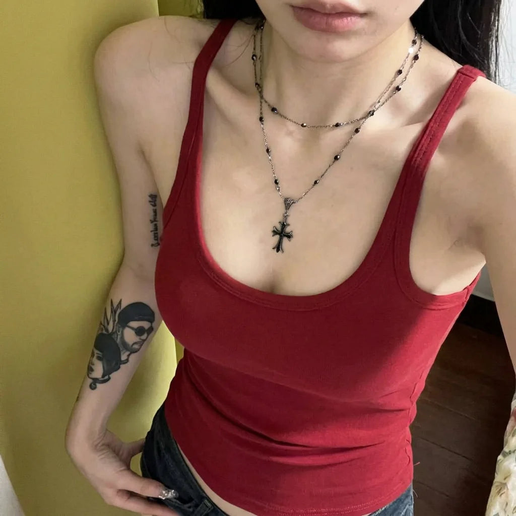 Women’s Backless Cotton Tank Top with Fixed Chest Pads – Slim Fit Summer Cami