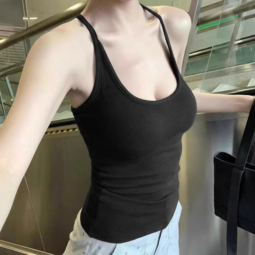 Women’s Backless Cotton Tank Top with Fixed Chest Pads – Slim Fit Summer Cami