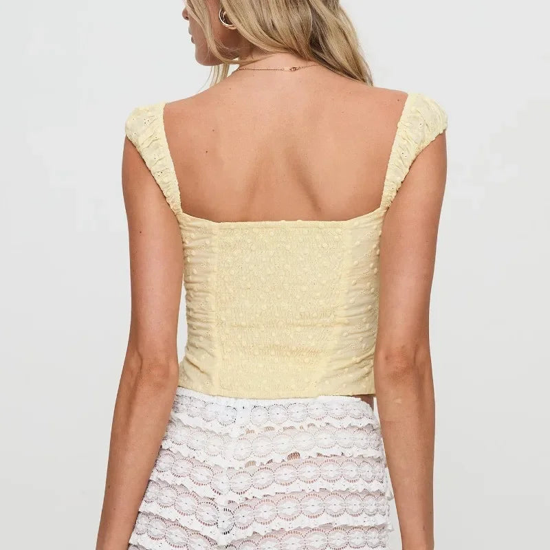 Fairycore Lace Crop Top for Women – Slim Fit Sleeveless Vest with Button Front