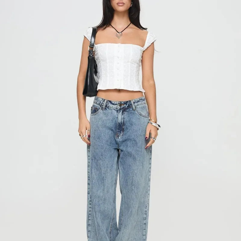 Fairycore Lace Crop Top for Women – Slim Fit Sleeveless Vest with Button Front