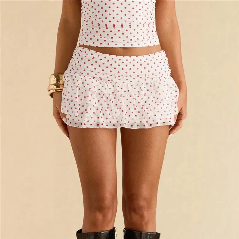 Y2K Polka Dot Mini Skirt for Women – Low Rise Layered Ruffle Pleated A-Line Short Skirt