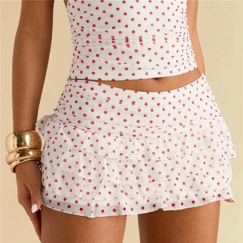Y2K Polka Dot Mini Skirt for Women – Low Rise Layered Ruffle Pleated A-Line Short Skirt